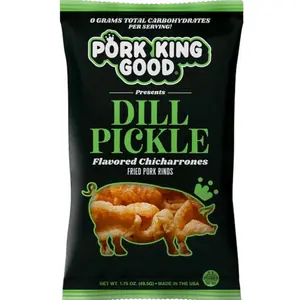 Pork King Good Dill Pickle Flavored Chicharrones Fried Pork Rinds 1.75 oz 0g Total Carbohydrates per Serving Made in the USA
