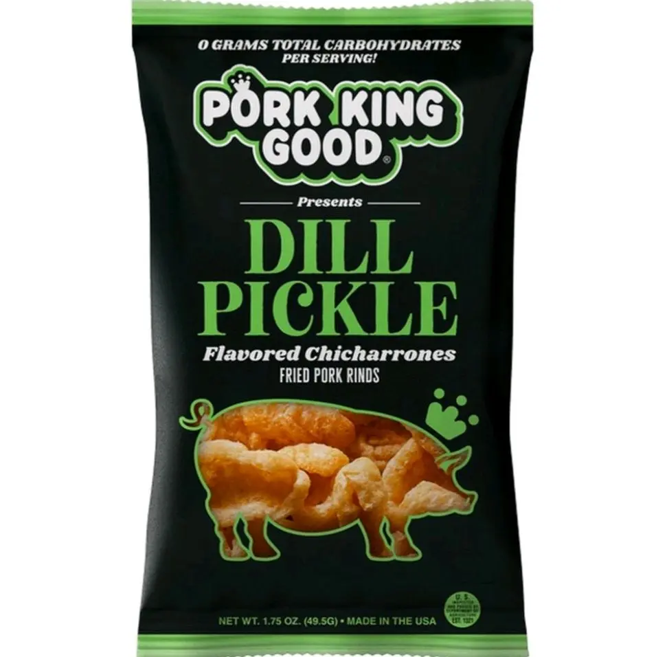 Pork King Good Dill Pickle Flavored Chicharrones Fried Pork Rinds 1.75 oz 0g Total Carbohydrates per Serving Made in the USA