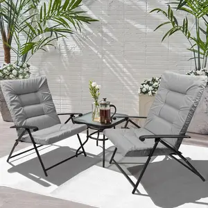 INTERGREAT 3 Pieces Patio Padded Folding Chair, Outdoor Adjustable Reclining Lounge Chairs with Tempered Glass Table