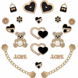 Women'S Bling Shoe Charms, Sparkle Flower Bear Clog Decoration Charms Black Heart Slippers Charm, Gold Shoe Chains for Clog Sandals, DIY Shoe Accessories for Birthday Party (20 Pcs)
