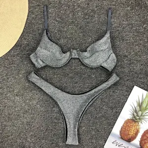 Sexy Silver Glitter Bikini Swimwear Women Push Up Cut Out Underwire Thong Swimsuit Summer Brazilian Bathing Suit Biquini