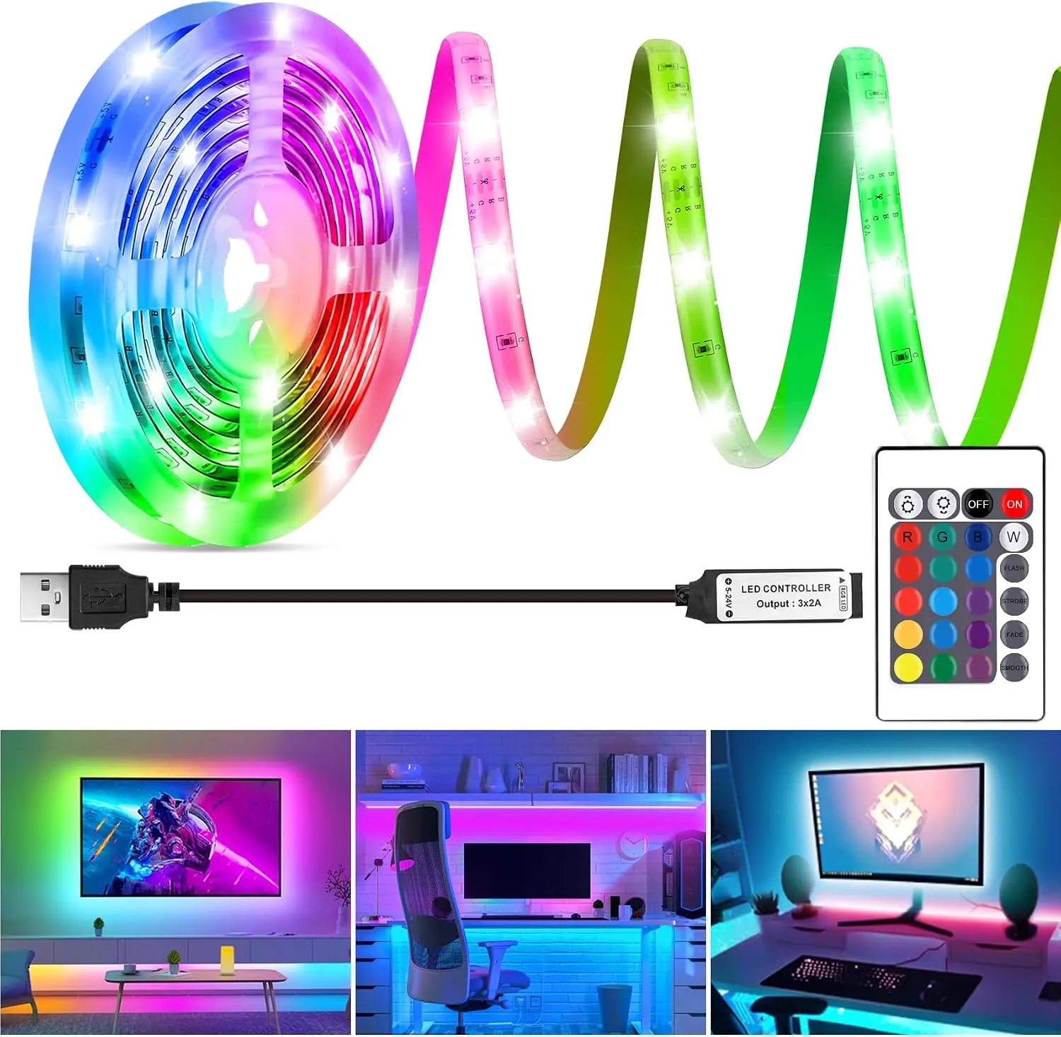 RGB LED Strip Lights 32.8Ft, 10M Color Changing Light Strip with 24-Key Remote & Bluetooth Control, USB Powered LED Backlight for TV, Bedroom, PC Monitor, Mirror, Cabinet, Desk & Gaming Setup