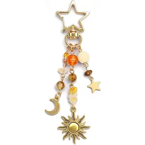 Sun and Moon Keychain Colorful Star Beads Gemstone Charm, Y2K Aesthetic Purse Charm for Women,Men
