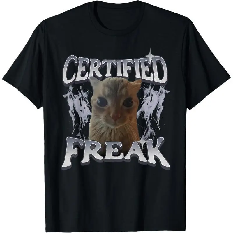 Women's Certified Freak Funny Cat Meme Retro Faded Short-Sleeve Round Neck T-Shirt - Polyester Casual Personalized Streetwear Tops