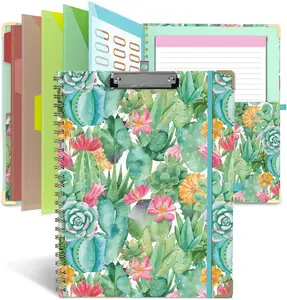 Foldable Clipboard Folio with Storage, 5 Plastic Folders with 10 Pockets,Refillable Lined Notepad (11" x 8.5"), Hardcover Project Organizer  Teacher School Essentials(Cactus )