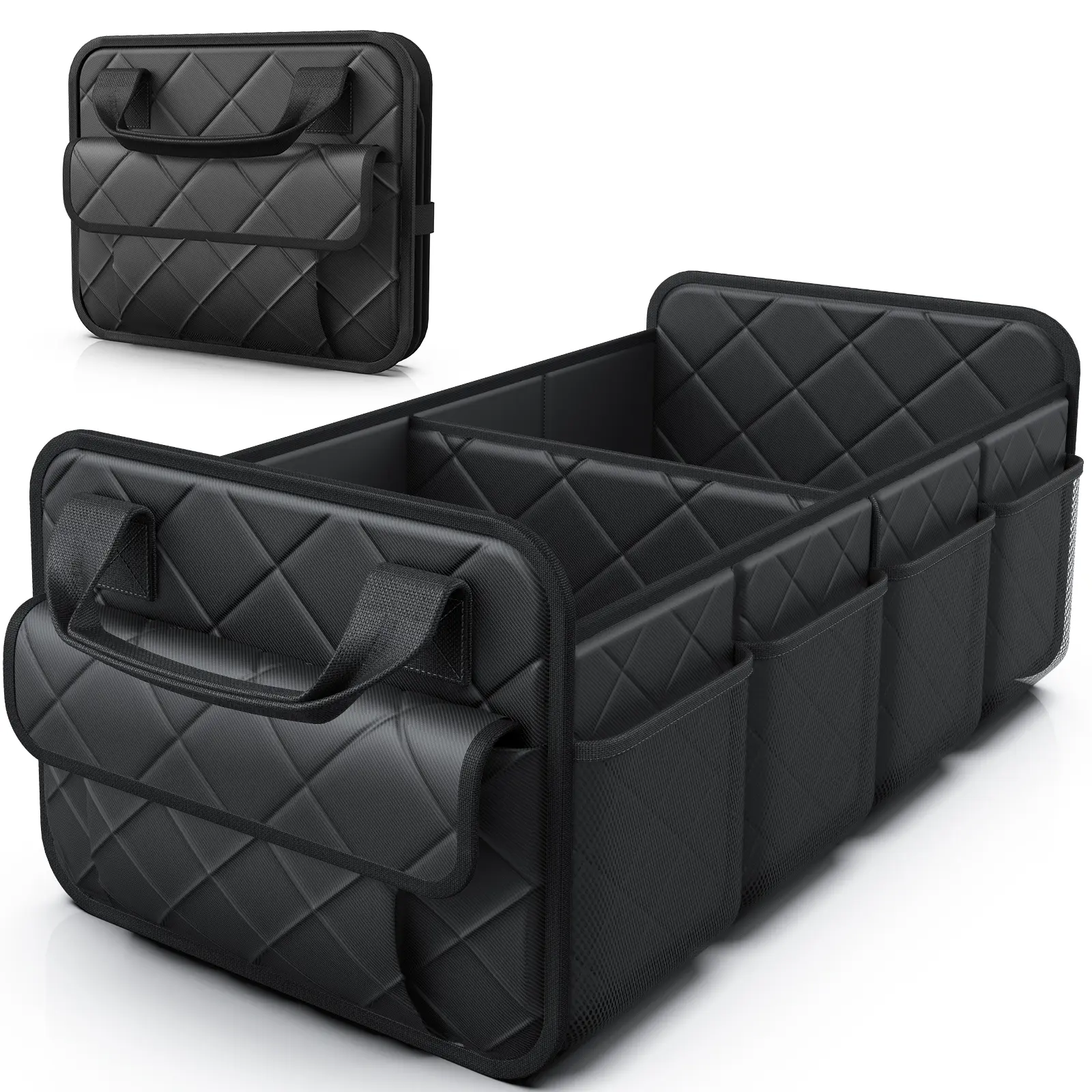 2 Compartment Quilted Car Trunk Storage Organizer, Black Foldable Cargo Storage Bag with Reinforced Structure, Large Capacity Car Organizer for Groceries, Tools, Sports Gear and Accessories, Durable Trunk Organizer for All Vehicles