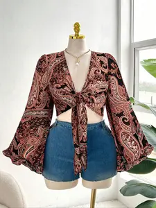 【Plus Size】 Paisley Print Tie Front Blouse, Boho Casual Long Sleeve Top for Spring, Women's Clothes for Daily Wear, Casual Boho Soft