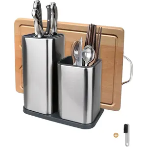 Stainless Steel Universal Knife Block Holder Without Knives Modern Kitchen Countertop Knife Storage Organizer with Cleaning Brush Silver