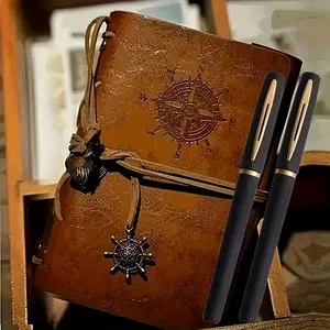 Vintage Leather Notebook, Pirate Theme Compass Design, Hard Cover Writing Journal, Metal Buckle and Spiral Binding, Perfect for Note-Taking