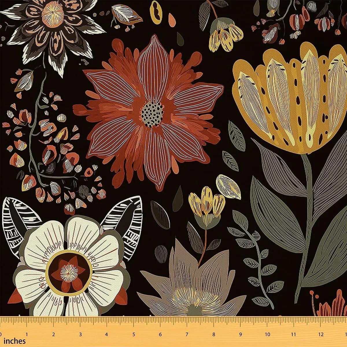 Flower Fabric,Abstract Bohemian Floral Upholstery Fabric Botanical Indoor Outdoor Fabric,Mid Century Modern Boho Upholstery and Home Accents,,Black Red Yellow