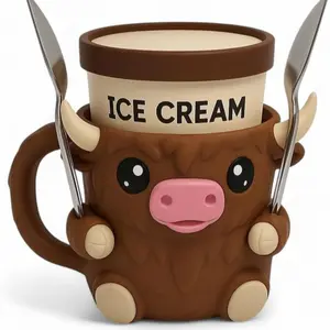 1 Set Highland Cow Ice Cream Holder Mug, 3D-Printed Reusable Sleeve, Hidden Snack Storage Drawer, Ergonomic Drink Rest, Party Accessory, Highland Cow Decoration, Valentine's Day Gift, Highland Cow Themed Gift, Drinkware (Includes 2 Spoons)