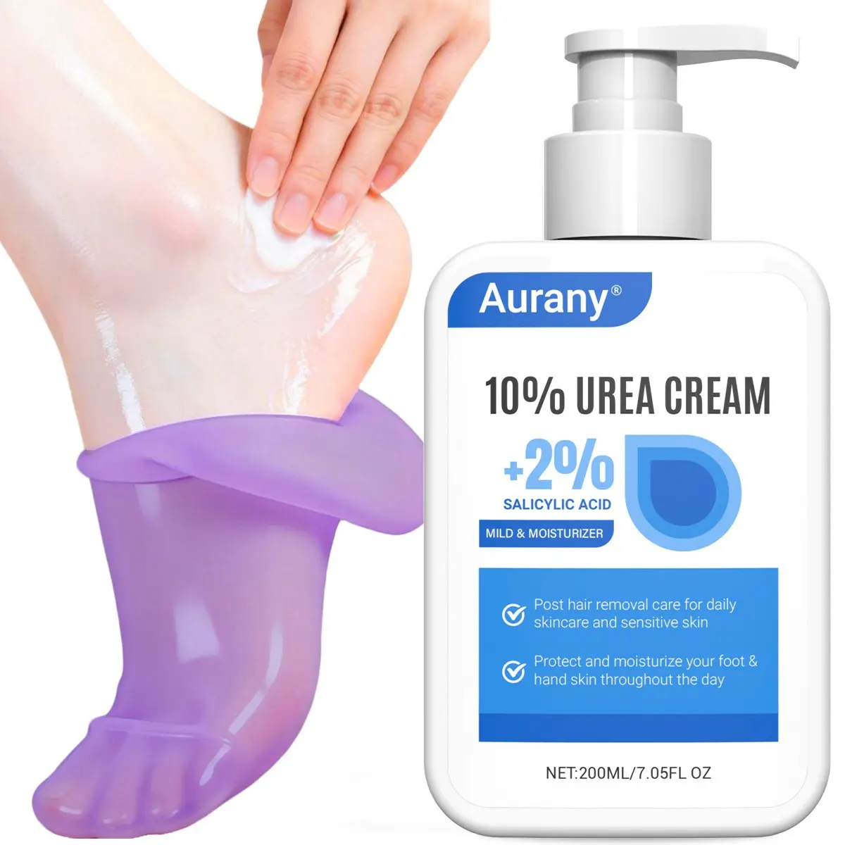 Foot Urea Cream, Foot Care Product, Cracked Heel Repair, 10% Urea Cream + 2% Salicylic Acid, Moisturizing, Post Hair Removal Care For Sensitive Skin, Protect & Moisturize Feet All Day, Soothes, Softens & Smooths, 200ml For Daily Skincare