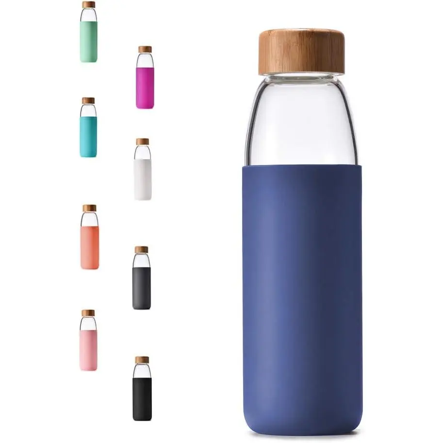 18 Oz Borosilicate Glass Water Bottles with Bamboo Lid, BPA-FREE, Non-Slip Silicone Sleeve, and Stainless Steel Leak Proof Lid - Reusable Glass Bottle for Men and Women