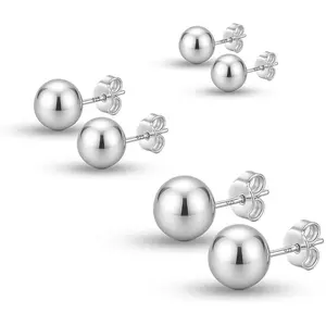 Set of 3 Pairs 925 Sterling Silver Lightweight Ball Post Stud Earrings for Women Teen