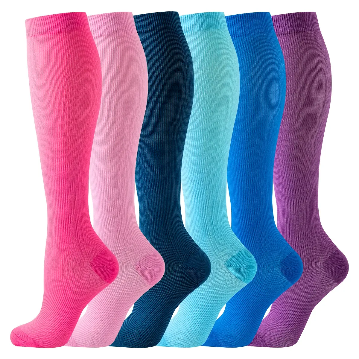 Unisex Elastic Knitted Nylon-Spandex Knee-High Compression Socks - 6 Pairs, Breathable, Dual-Circulation, Non-Slip Solid-Color, Ideal for Nurses, Running