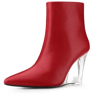 BLISSFUL STEP Clear Heel Pointed Toe Wedge Heels Ankle Boots