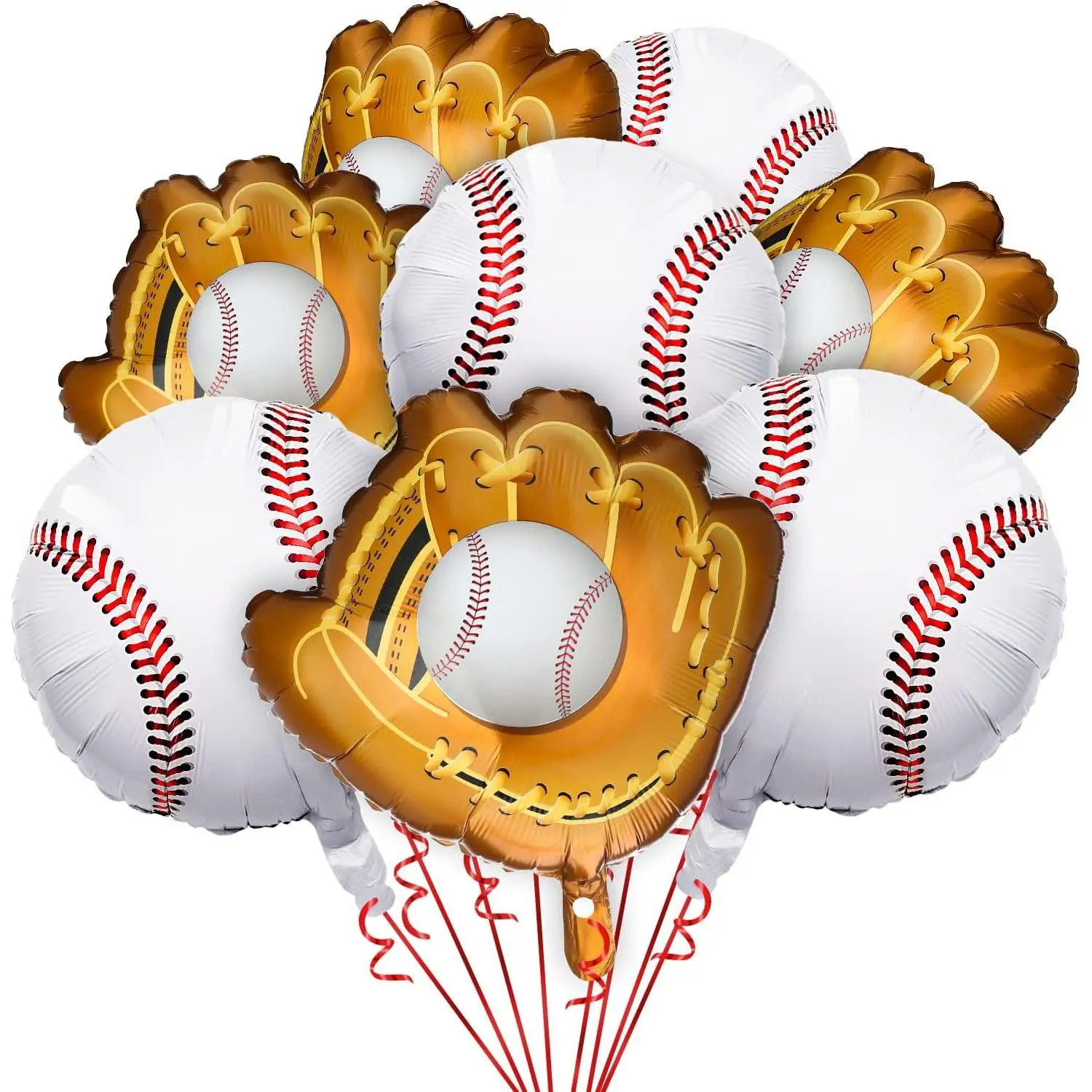P-PSD039 8-Pcs 18-Inch Smooth Lightweight Aluminum Foil Round Baseball Balloons & Glove Banner Print Set, Sports Themed Photo Decoration for Birthday Party, Father's Day, 4th of July Supplies