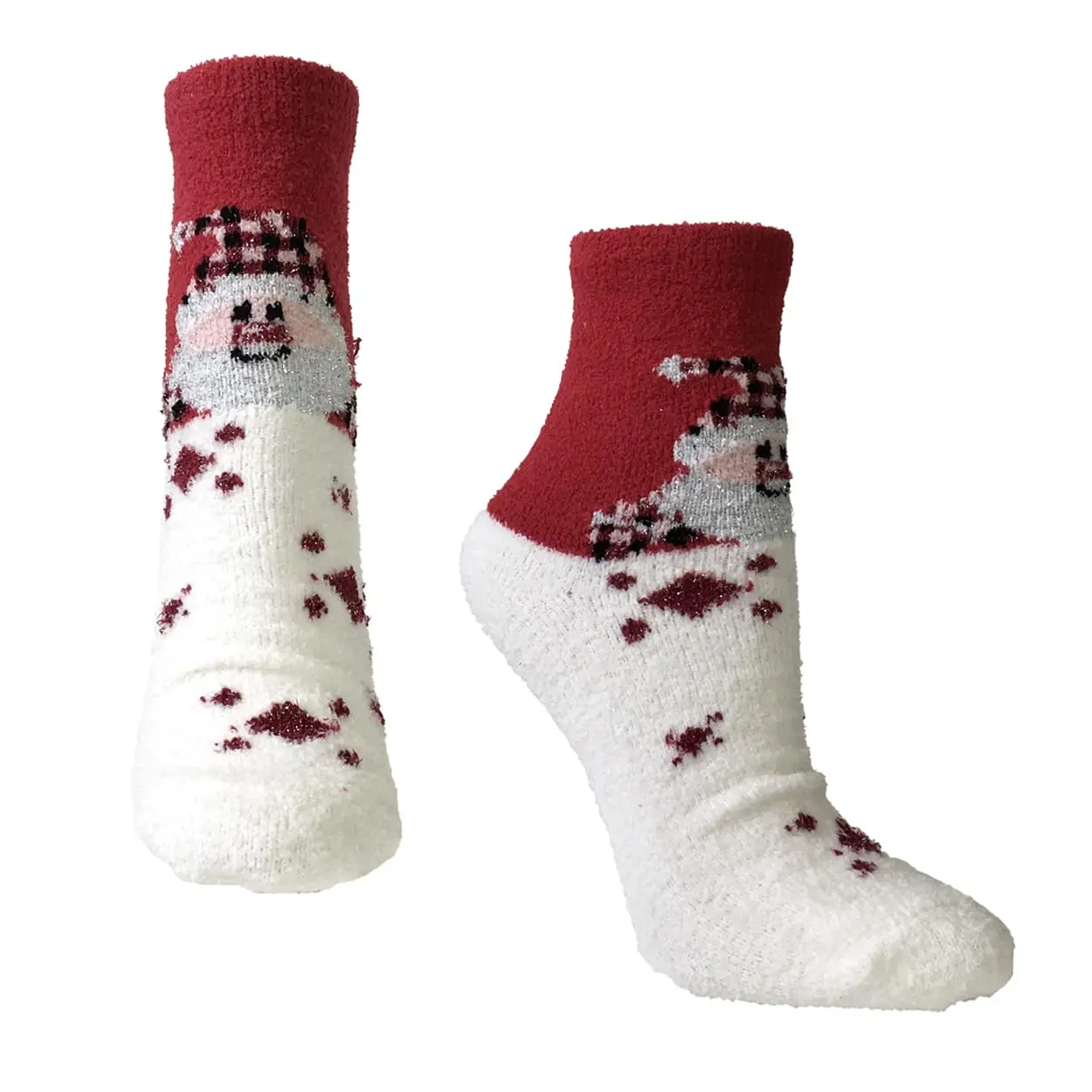 Fashion Culture Women's Plush Socks, Festive Santa Print Holiday Crew Socks, Cozy & Warm for Parties and Gifting, Party, Festive Print, Ankle Socks