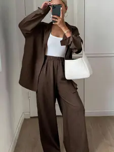Women's Two-Piece Set, Button Front Shirt & Elastic Waist Pants, Casual Long Sleeve Top & High-Waist Pants, Spring Fall