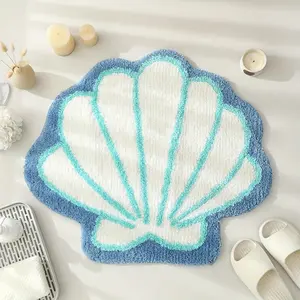 Non-Slip Mat - Plush Soft Bathroom Rug with Seashell Design, Quick-Dry Absorbent Shower Floor Mat, Machine Washable Bathroom Carpet for Bathroom, Shower, Tub - Coastal Decor in Aqua Blue & White, Home Spa Setup, Oceaninspired Design, Durable Construction,