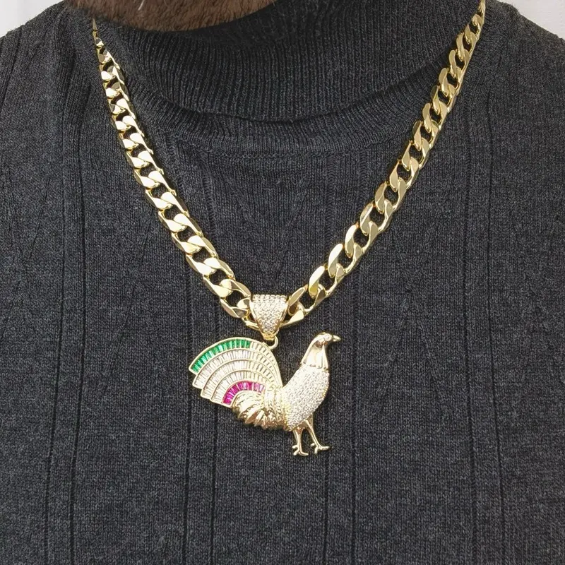 ViOrO 14K Gold Plated 10mm Cuban Link Chain for men with Zircon Rooster Pendant for Dairy Use. Electro Laminated Premium Jewelry