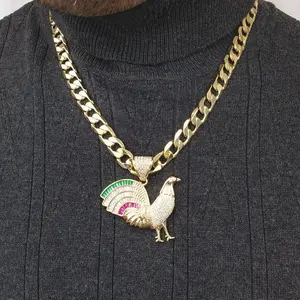ViOrO 14K Gold Plated 10mm Cuban Link Chain for men with Zircon Rooster Pendant for Dairy Use. Electro Laminated Premium Jewelry
