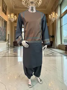 Large Men’s Charcoal Gray Parahan Tunban – Premium Copper Machine Embroidery Afghan Outfit