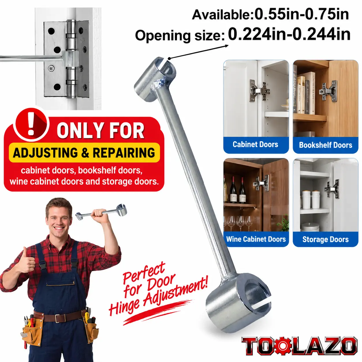TOOLAZO Single Adjustable Furniture Hinge Hole Repair Tool - 14-19mm Dual-Head Expander, Extended Handle Wrench (Adds Extra Leverage) for Standard & Door Hinges, Cabinet DIY Fixes (Loose Repair, Easy Alignment)