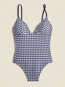 J.CREW one-piece swimsuit in gingham. SIZE: 10. COLOR: navy blue. ITEM # ci363. Medium bust support. High-cut leg. Moderate coverage. Low-rise back.