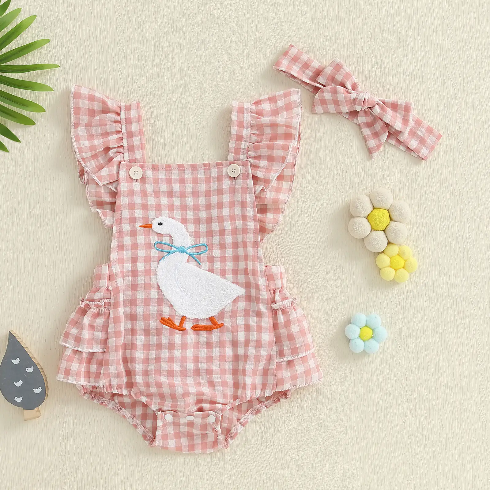 Baby Girl Summer Clothes Duck Embroidery Romper Flying Sleeve Tiered Plaid Overalls with Headband Infant Smocked Onesie