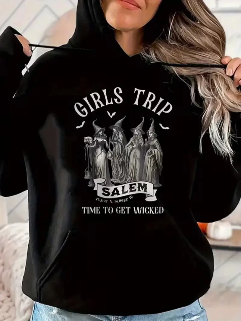 Girls Trip Salem Witches Time To Get Wicked Front Print Cotton Outer Fleece Lined Hoodie, Retro Halloween Casual Pullover Hooded Sweatshirt, Daily Holiday Gift