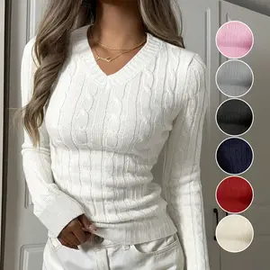 Women's Casual Thin And Soft V Neck Long Sleeve Slim Fit Fitted Cropped Cable Knit Sweater Basic Pullover Top Womenswear Knitwear
