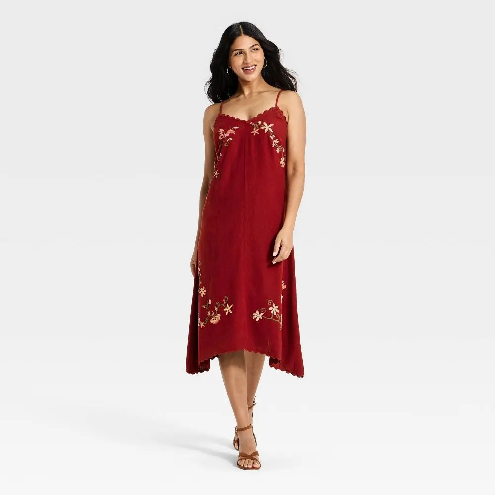 Women's Linen Embroidered Midi High Low Dress - Universal