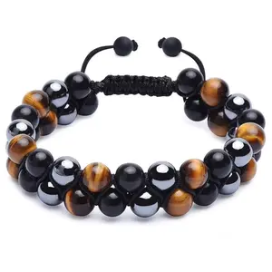 Double Layer Triple Protection Beaded Bracelet with Obsidian, Tiger’s Eye and Hematite