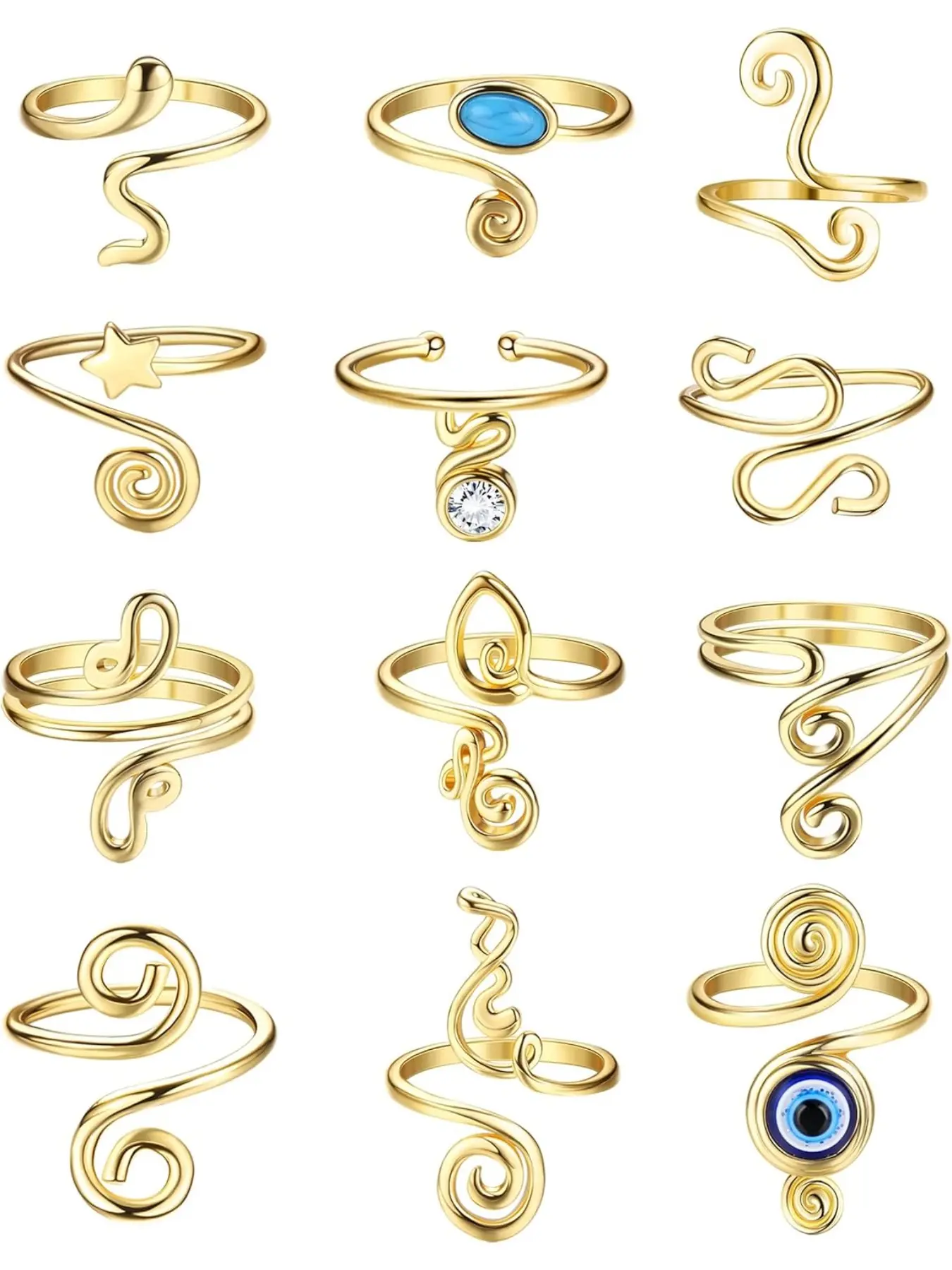 12Pcs Adjustable Toe Rings for Women Open African Toe Rings Summer Beach Foot Jewelry Interlocked Stackable Metal Rings Stunning Ring Set