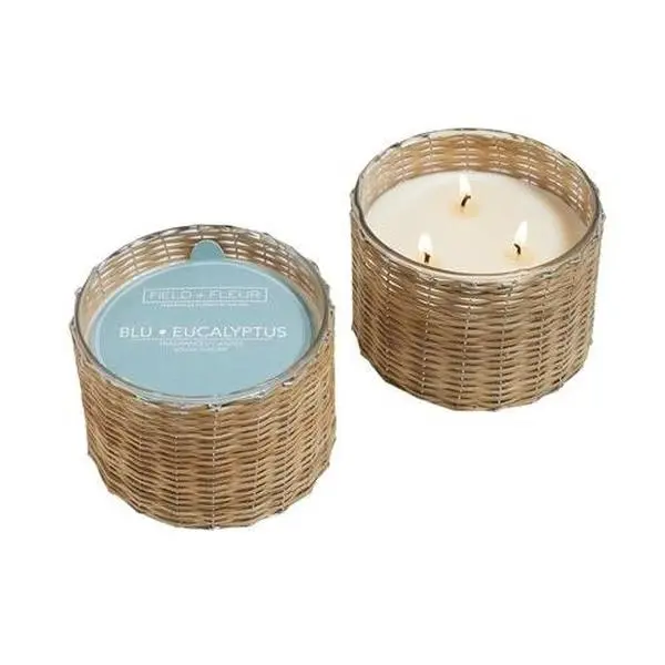 BLU EUCALYPTUS Field + Fleur Reed 3-Wick Handwoven 21 oz Scented Jar Candle