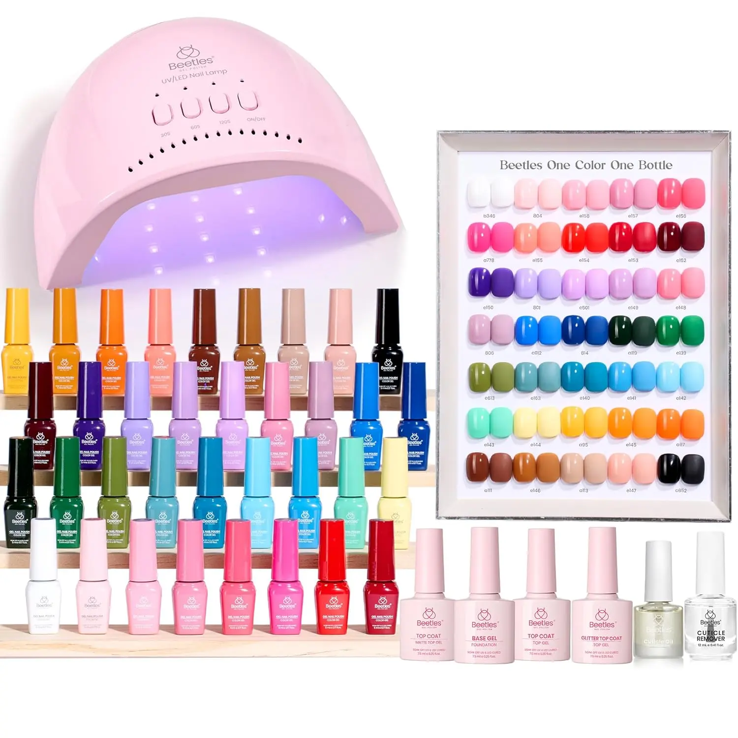 beetles Gel Polish Starter Kit with UV Lamp, Soak Off Gel Nail Polish, Base Coat and Glossy, Matte, Glitter No-Wipe Top Coats, Manicure Set