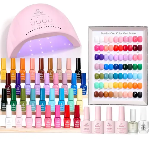 Beetles Glamorous Gel Nail Starter Manicure Kit - UV Lamp, Soak-Off Formula, Base Coat, No-Wipe Pastels, Glitters, Glossy & Matte Top Coats, Nail Care Cosmetic, Adults’ Birthday/Holidays Gift
