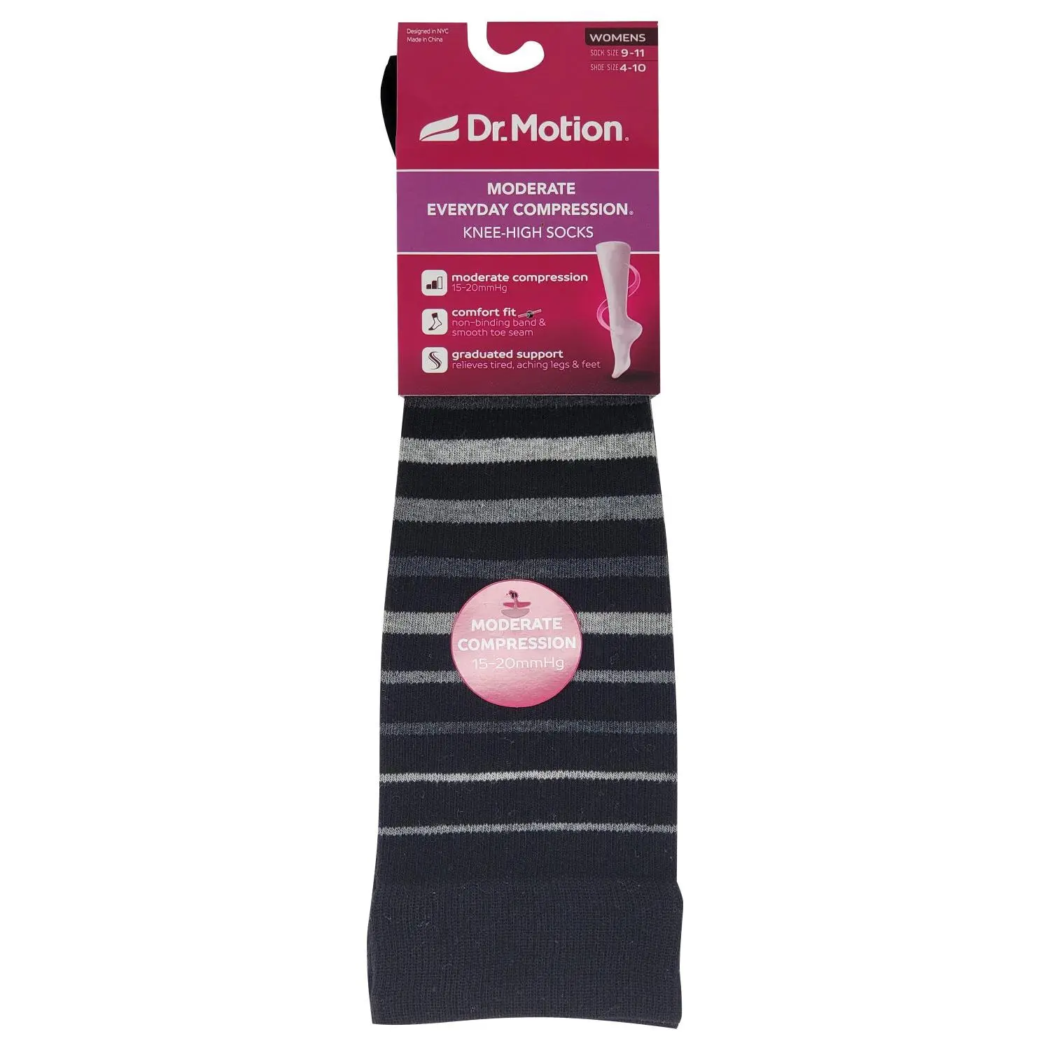 Women's Dr. Motion Striped Spandex-Nylon-Cotton-Polyester Compression Knee High Socks - 15-20 mmHg, Breathable, Smooth Fabric, All-Day Leg Support for Everyday Wear