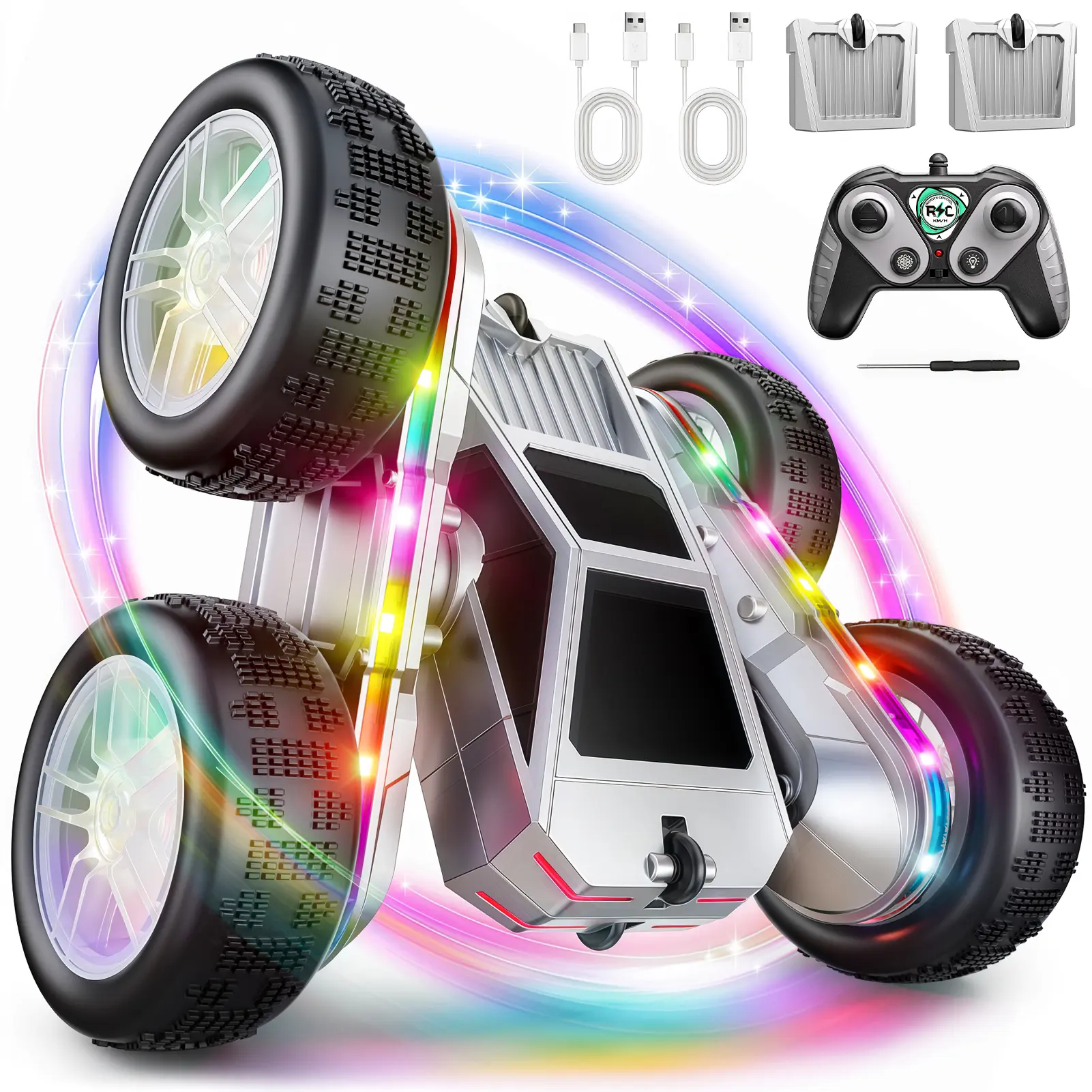 Remote Control Double Car 360° Flips RC Stunt Car with USB-C Charge Modular Battery 4WD LED Lights All Terrain RC Truck Toys for Kids 3+ Boys Girls Halloween Christmas Birthday Gift