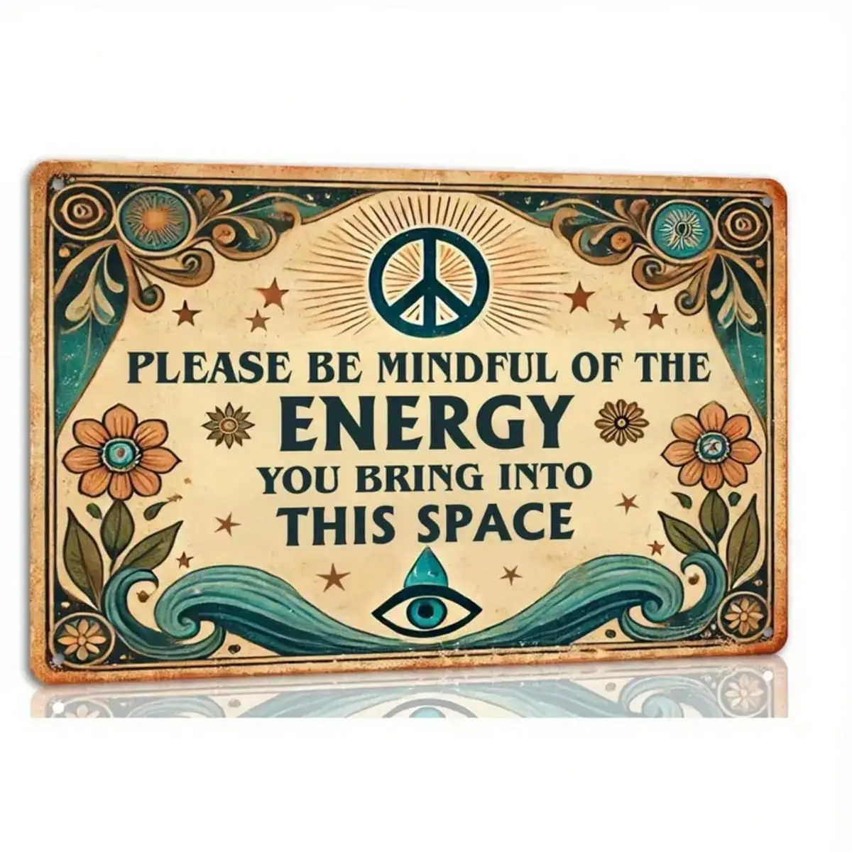 "Mindful Energy" Vintage Metal Tin Sign - English Thermal Photorealism Wall Decor, Floral & Water Elements, Peaceful Spiritual Hanging Plaque, Sarcastic Evil Eye Accent for Balcony, Bar, Auspicious Daily LGBT Home & Cafe Gift