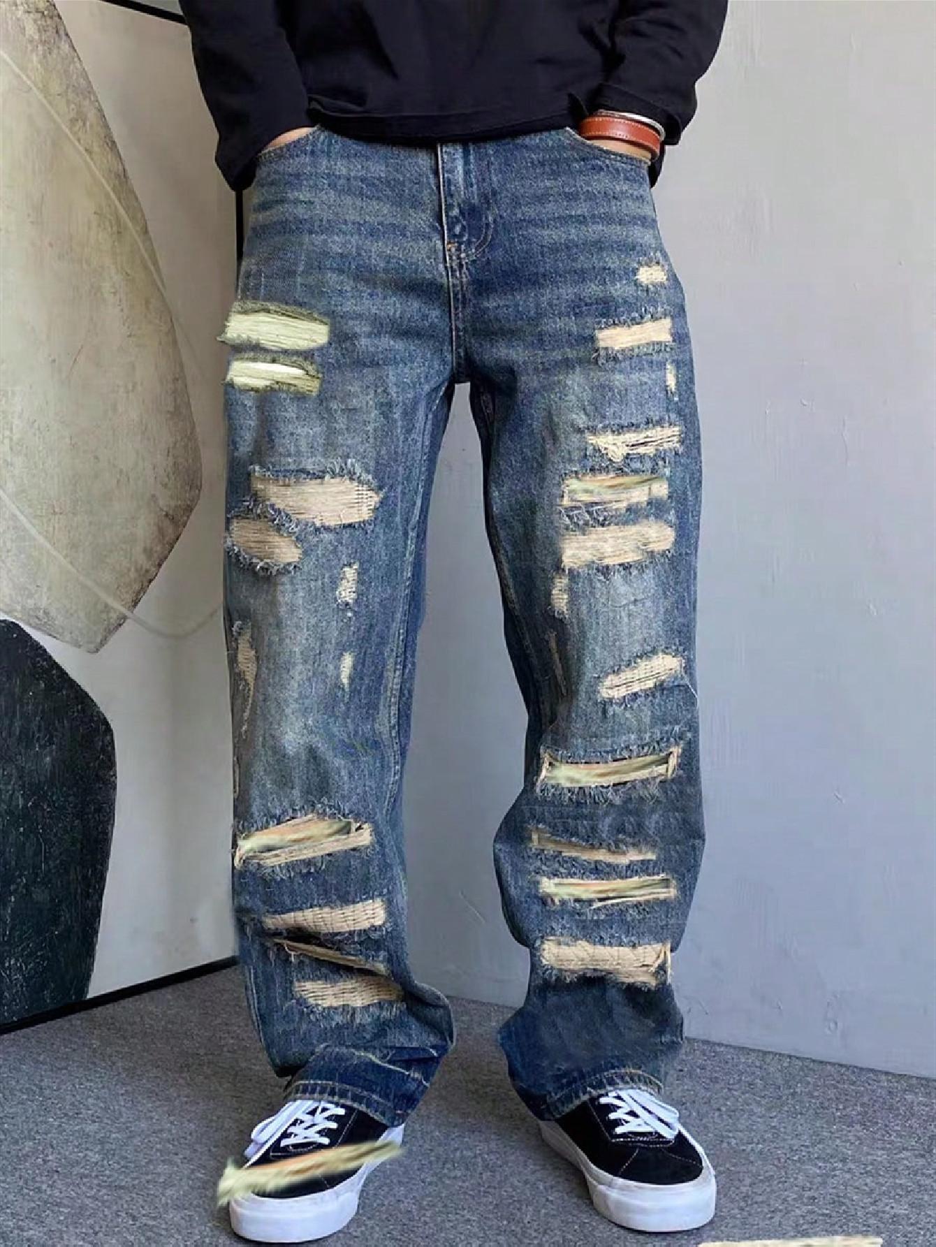 SRETOUU Men's Vintage Distressed Baggy Jeans, Ripped Wide Leg Denim Pants with Destroyed Details, Streetwear Hip Hop Loose Fit Jeans