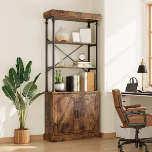 Industrial Farmhouse 73.6" Tall Bookshelf with Cabinet, 4-Tier Vintage Wood & Metal Bookcase, Heavy Duty Storage Display Shelf for Living Room, Home Office & Kitchen