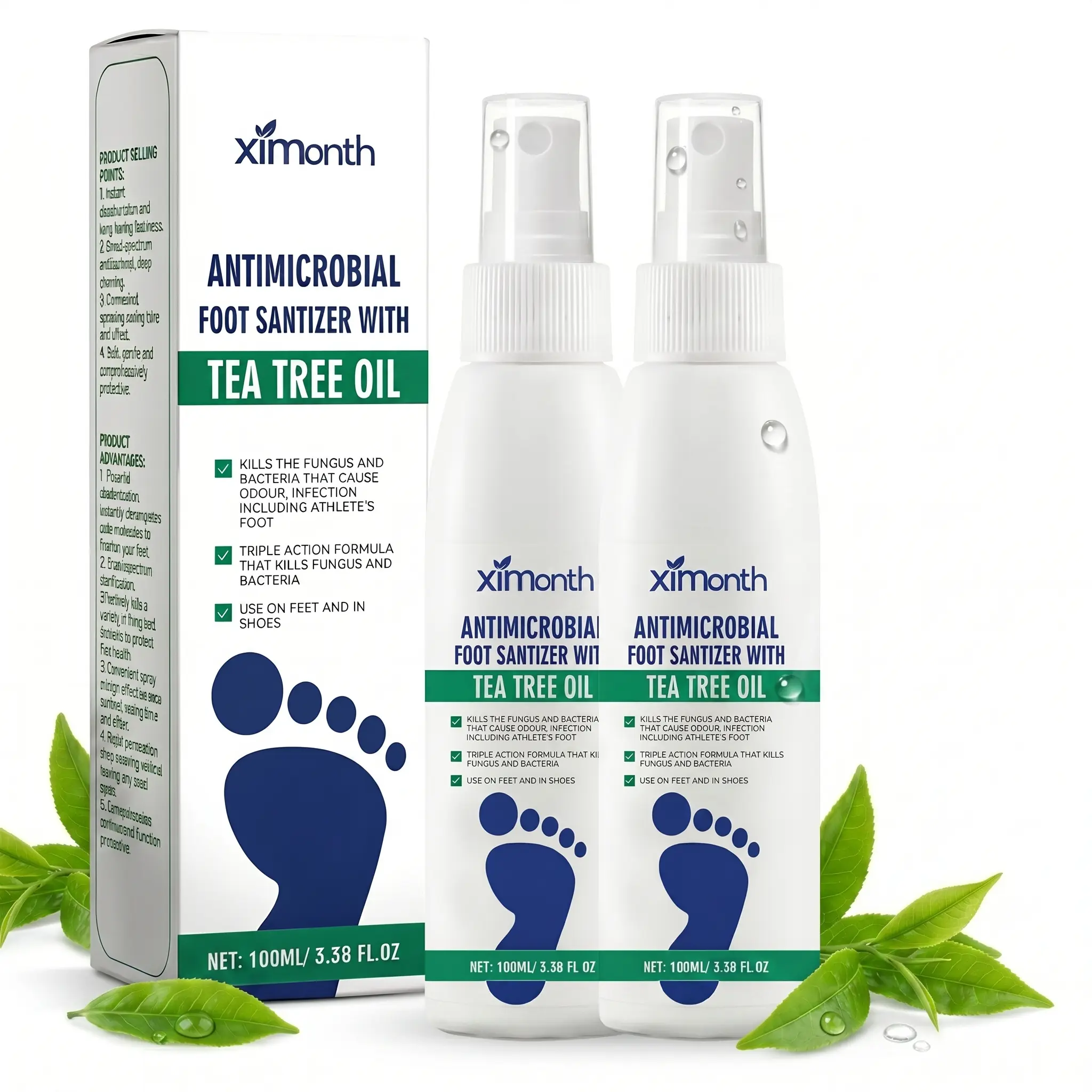 3 bottlesTea Tree Oil Foot Spray - Plantar Moisturizing Deodorant for Odor Control & Dry Feet Care, Natural Foot Sanitizer with Antifungal Properties,Ximonth Clear Foot Sanitizer Spray,for Foot & Shoe Freshness Foot Care Product