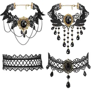 OIDEA Black Lace Multilayer Choker Necklace Set for Women, 4 PCS Gothic Victorian Teardrop Collar, Halloween Cosplay Jewelry, Chain Jewelry Necklaces, Necklaces For Women, Gothic Necklaces