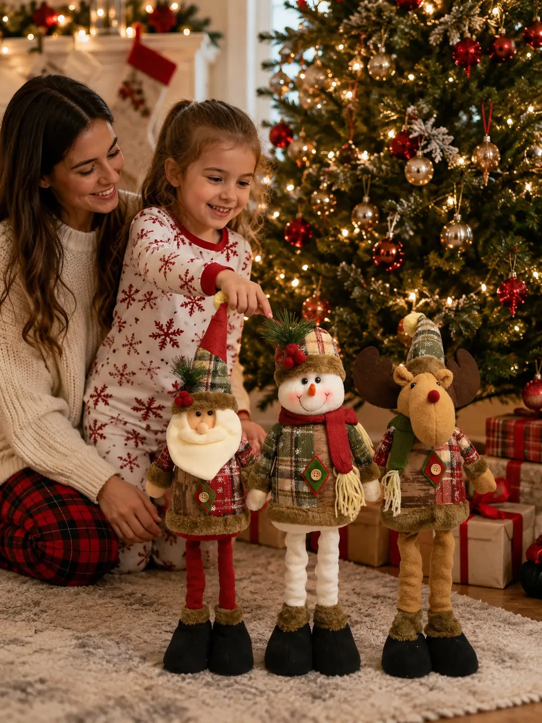Christmas Standing Plush Dolls Set of 3, Santa Claus Snowman Reindeer with Adjustable Legs, Rustic Farmhouse Holiday Decor for Fireplace, Living Room & Christmas Tree