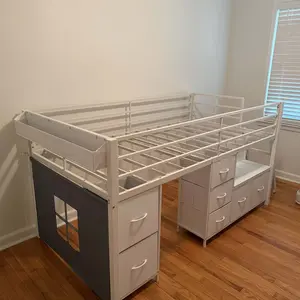 Sikaic Low Loft Bed Twin Size with 7 Storage Drawers, Bookcase and LED Lights, Metal Kids Loft Bed with 14" H Safety Guardrail, Inclined Ladder and Play Curtain, Under-Bed Play Space