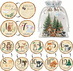 Uflashmi Woodland Baby Monthly Milestone Signs, 7Pcs Double Sided Wooden Months Baby Milestone Cards Markers for Girl Boy, Hello World Newborn Announcement Sign Photo Prop