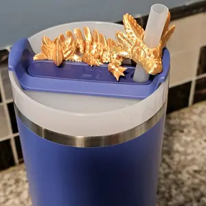 Cinderwing3D Gold Axolotl Dragon Straw Buddy - 3D-Printed Dragon Design for 20 oz or 40 oz Tumbler Lids in Various Colors