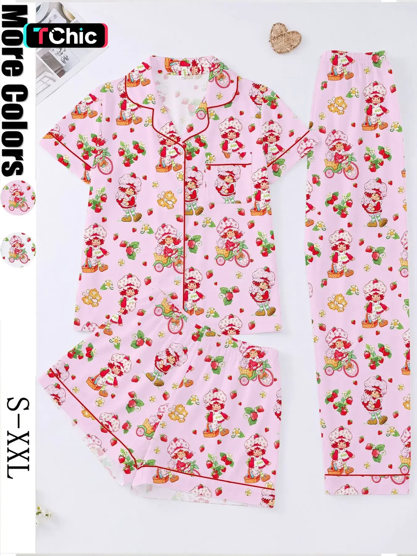 3-Piece Women's Cute Strawberry Girl Cartoon Print Pajama Set, Short-Sleeve Button-Up Top, Shorts and Pants, Comfortable Loungewear